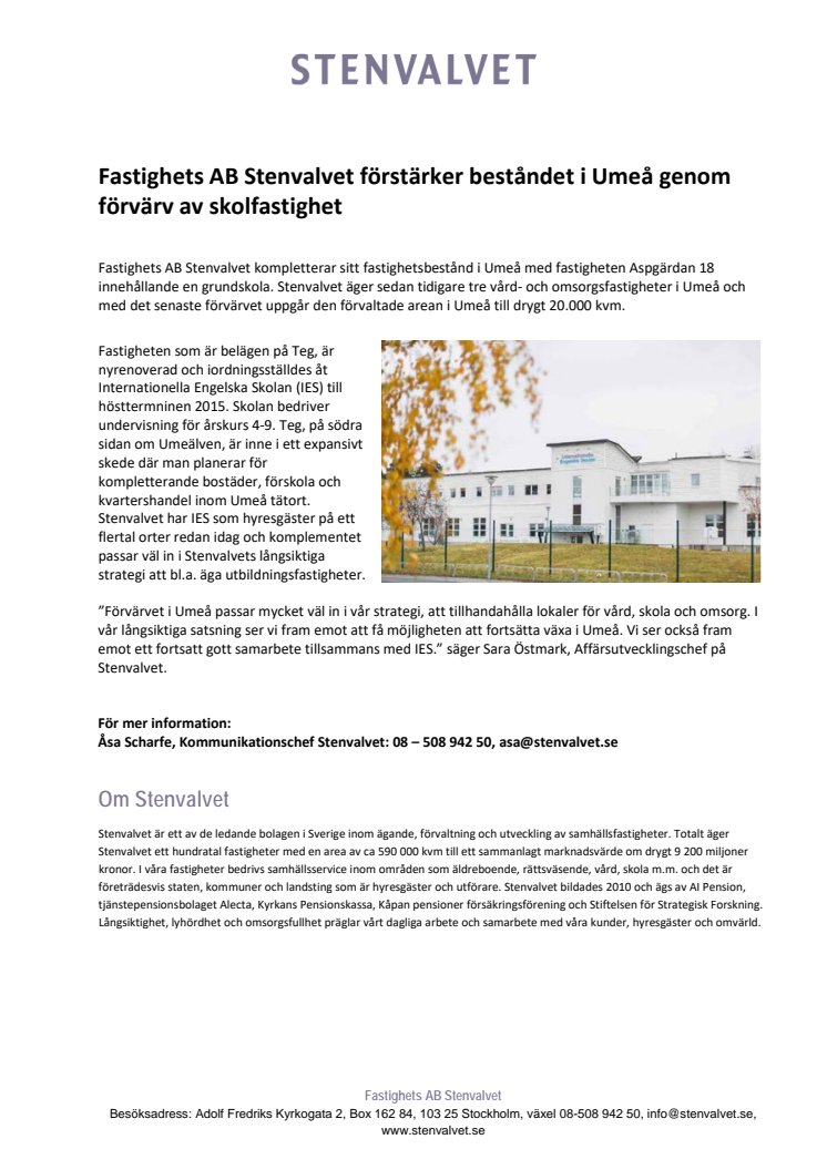 Fastighets AB Stenvalvet förstärker beståndet i Umeå genom förvärv av skolfastighet