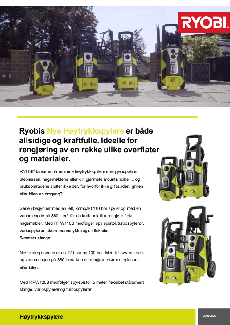 Ryobis Nye Høytrykkspylere - 4 modeller - Finn den som passer ditt behov