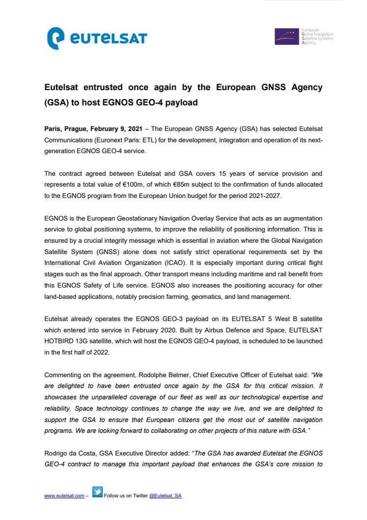 Eutelsat entrusted once again by the European GNSS Agency (GSA) to host EGNOS GEO-4 payload