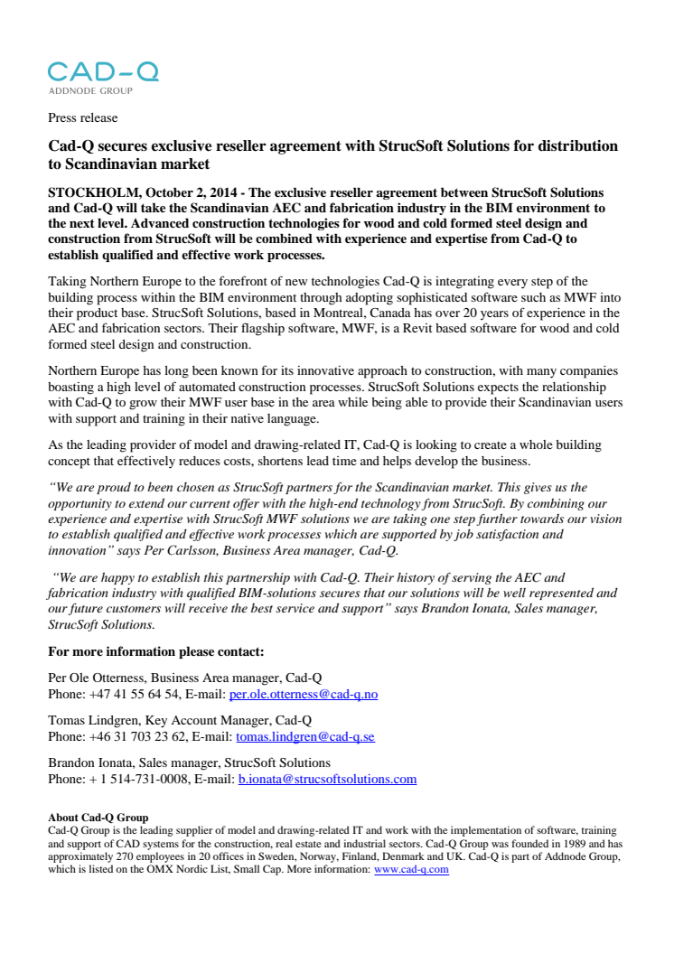 Cad-Q secures exclusive reseller agreement with StrucSoft Solutions for distribution to Scandinavian market