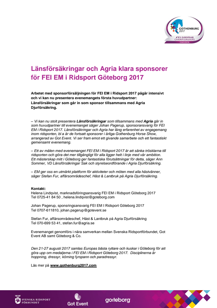 Länsförsäkringar och Agria klara sponsorer för FEI EM i Ridsport Göteborg 2017 