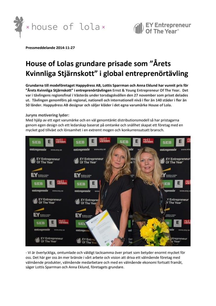House of Lolas grundare prisade som ”Årets Kvinnliga Stjärnskott” i global entreprenörtävling