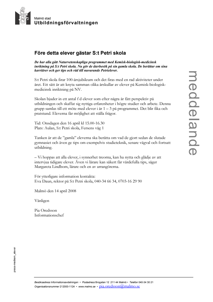 Före detta elever gästar S:t Petri skola