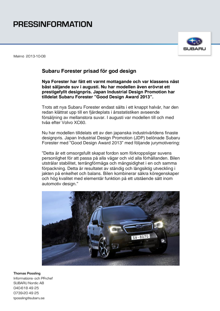 Subaru Forester prisad för god design