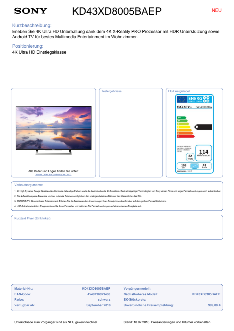 Datenblatt BRAVIA KD-43XD8005BAEP von Sony