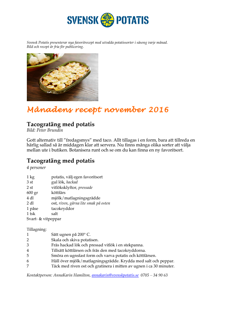 Månadens recept november - Tacogratäng med potatis