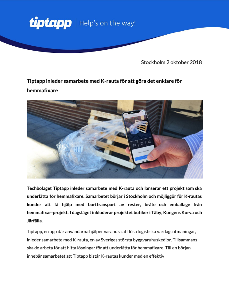 Tiptapp inleder samarbete med K-rauta för att göra det enklare för hemmafixare
