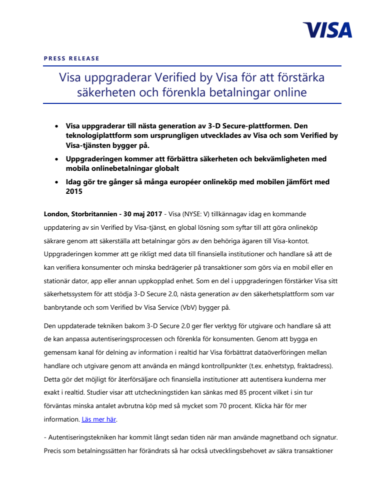 Visa uppgraderar Verified by Visa för att förstärka säkerheten och förenkla betalningar online