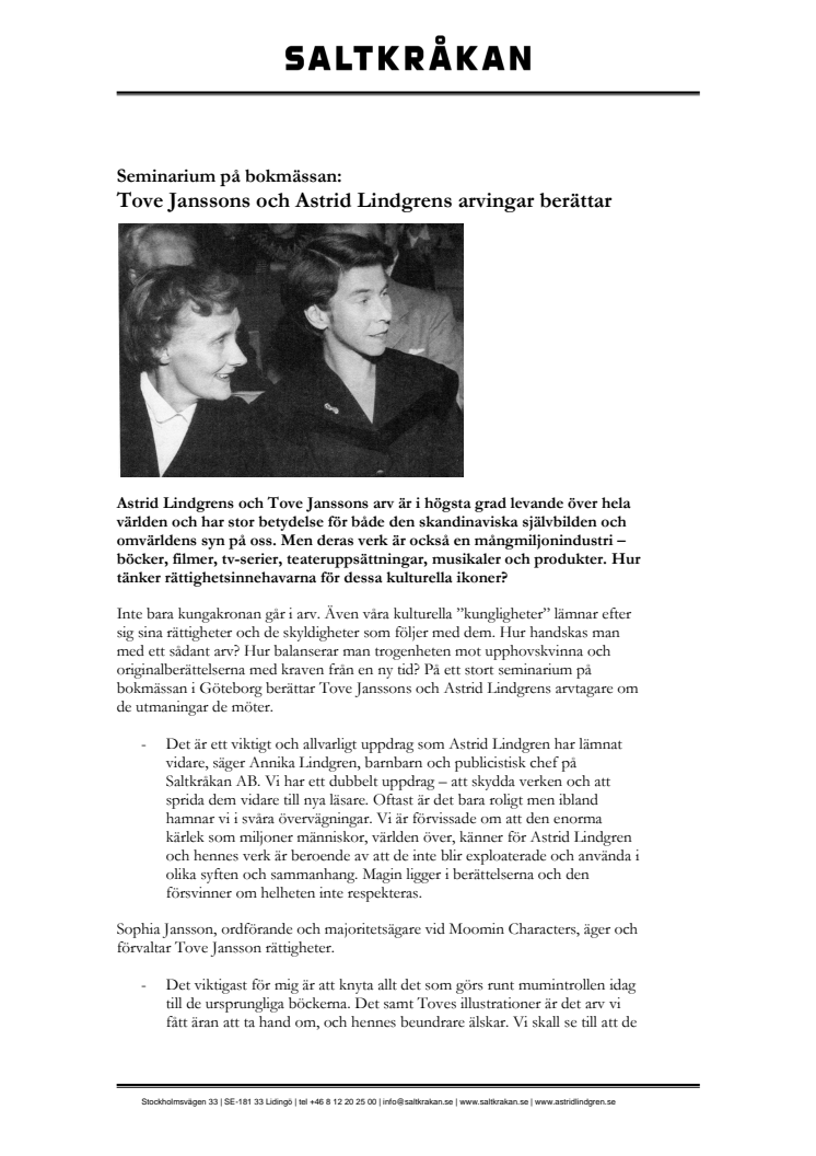 Seminarium på bokmässan: Tove Janssons och Astrid Lindgrens arvingar berättar