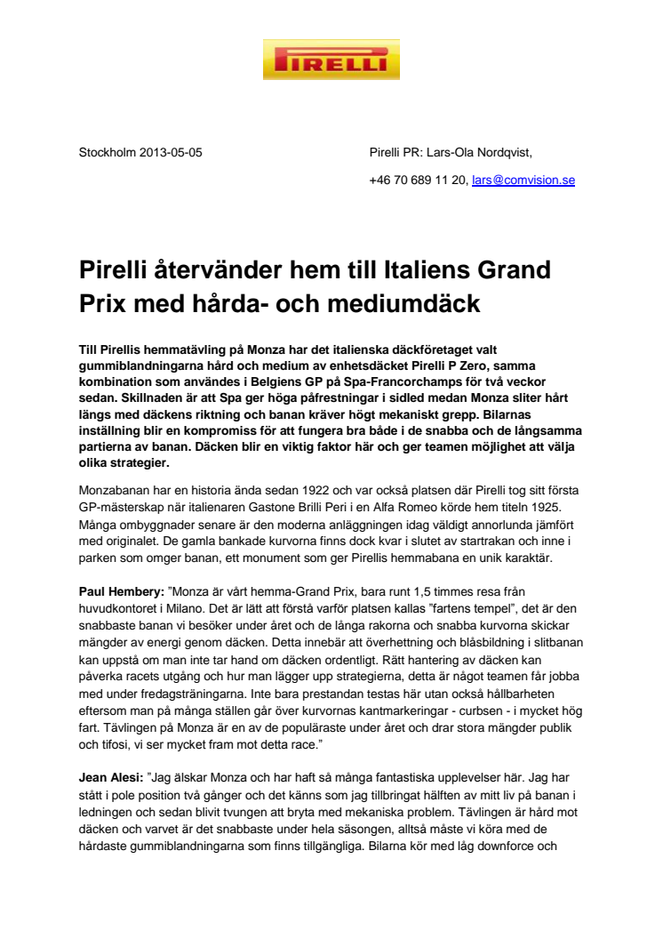 Pirelli återvänder hem till Italiens Grand Prix med hårda- och mediumdäck