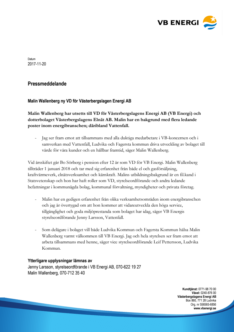 Malin Wallenberg ny VD för Västerbergslagen Energi AB