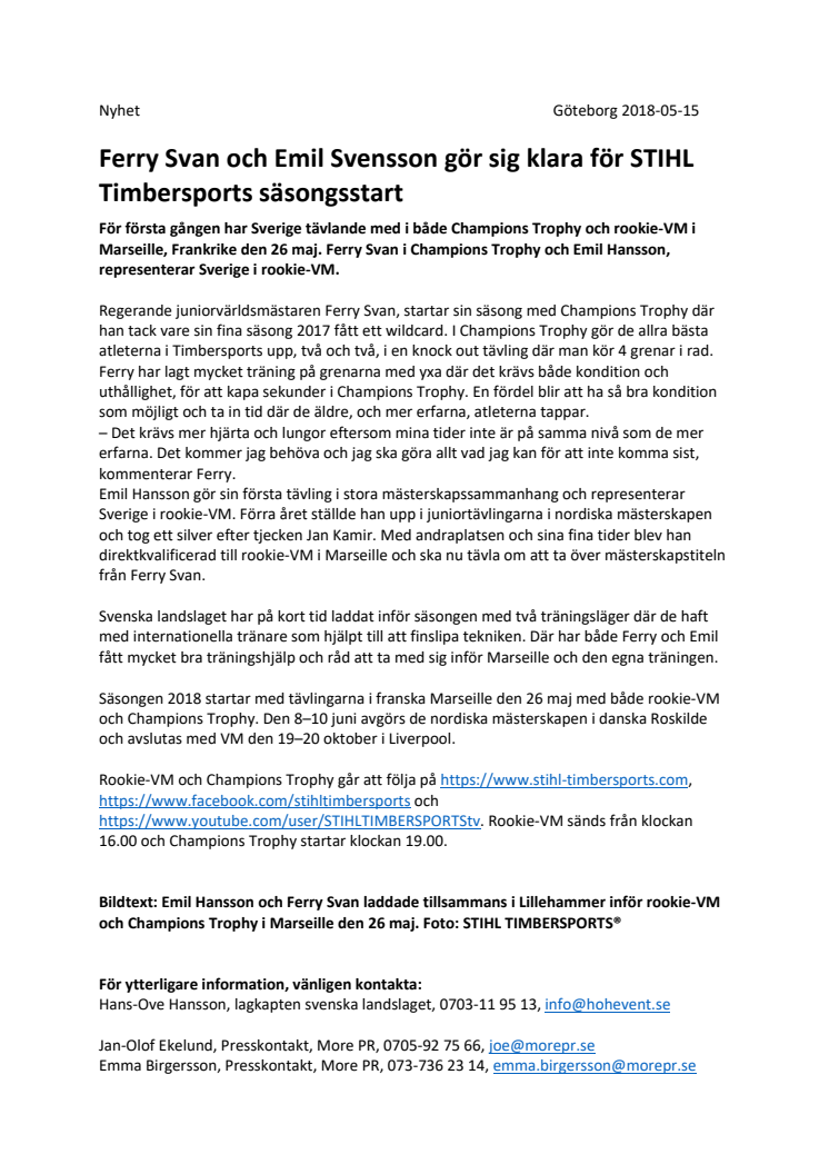 Ferry Svan och Emil Svensson gör sig klara för STIHL Timbersports säsongsstart