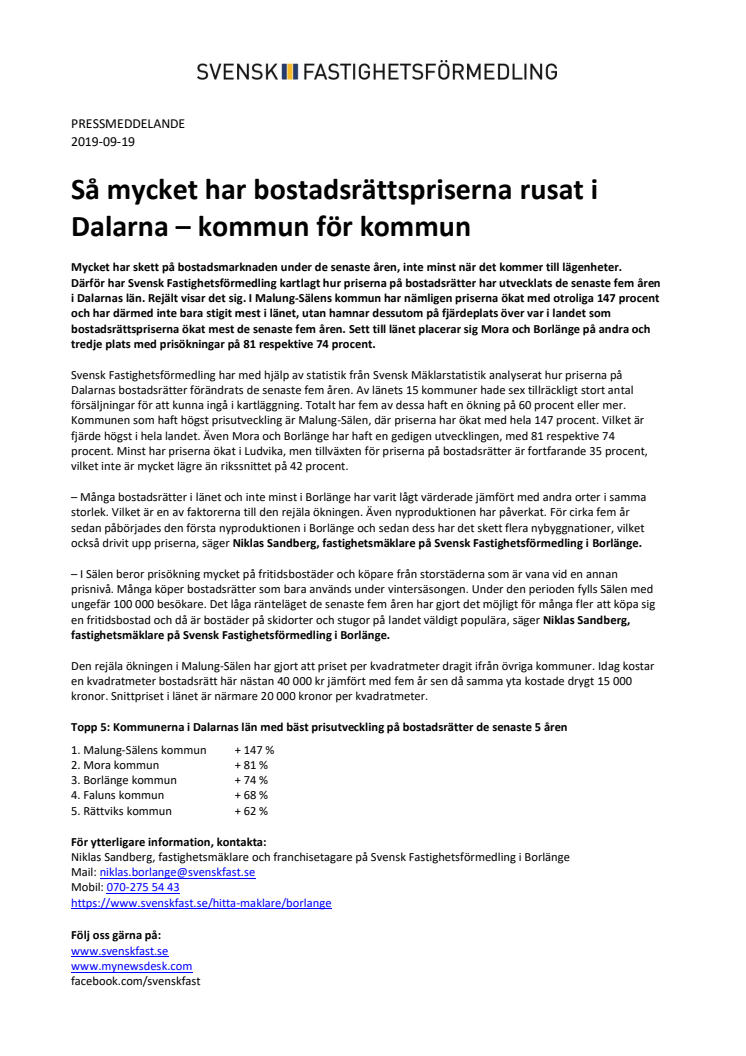 Så mycket har bostadsrättspriserna rusat i Dalarna – kommun för kommun