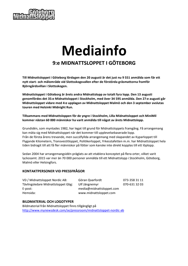 Mediainformation Midnattsloppet Göteborg 2016