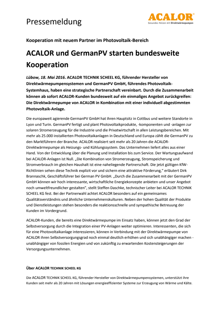 ACALOR und GermanPV starten bundesweite Kooperation
