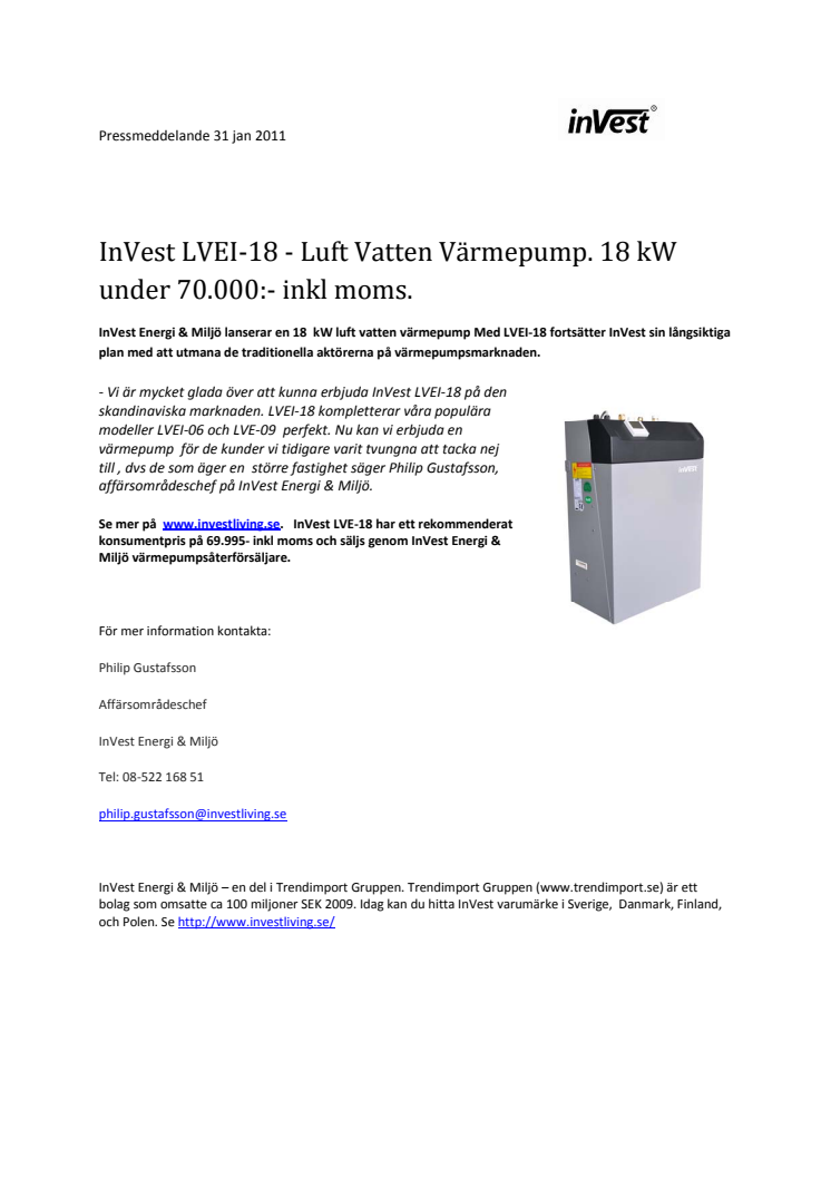 InVest LVEI-18 - Luft Vatten Värmepump. 18 kW under 70.000:- inkl moms.