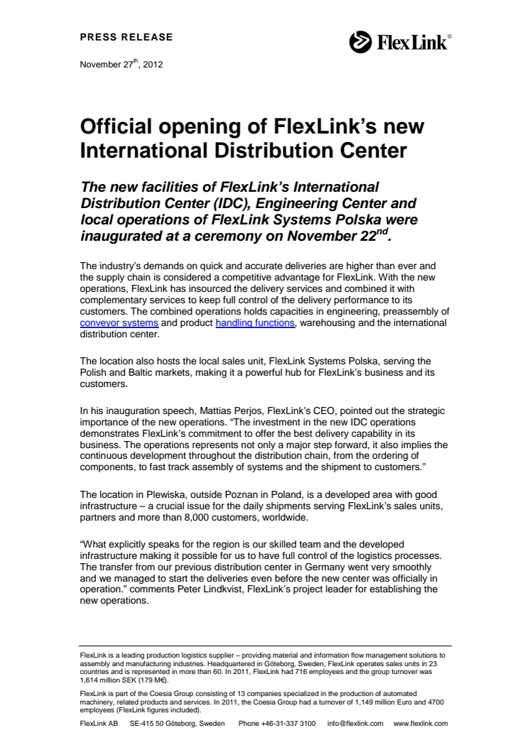 Official opening of FlexLink’s new International Distribution Center