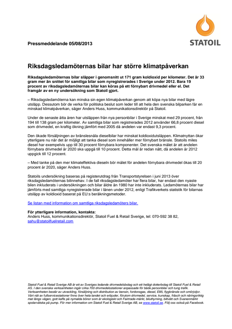 Riksdagsledamöternas bilar har större klimatpåverkan
