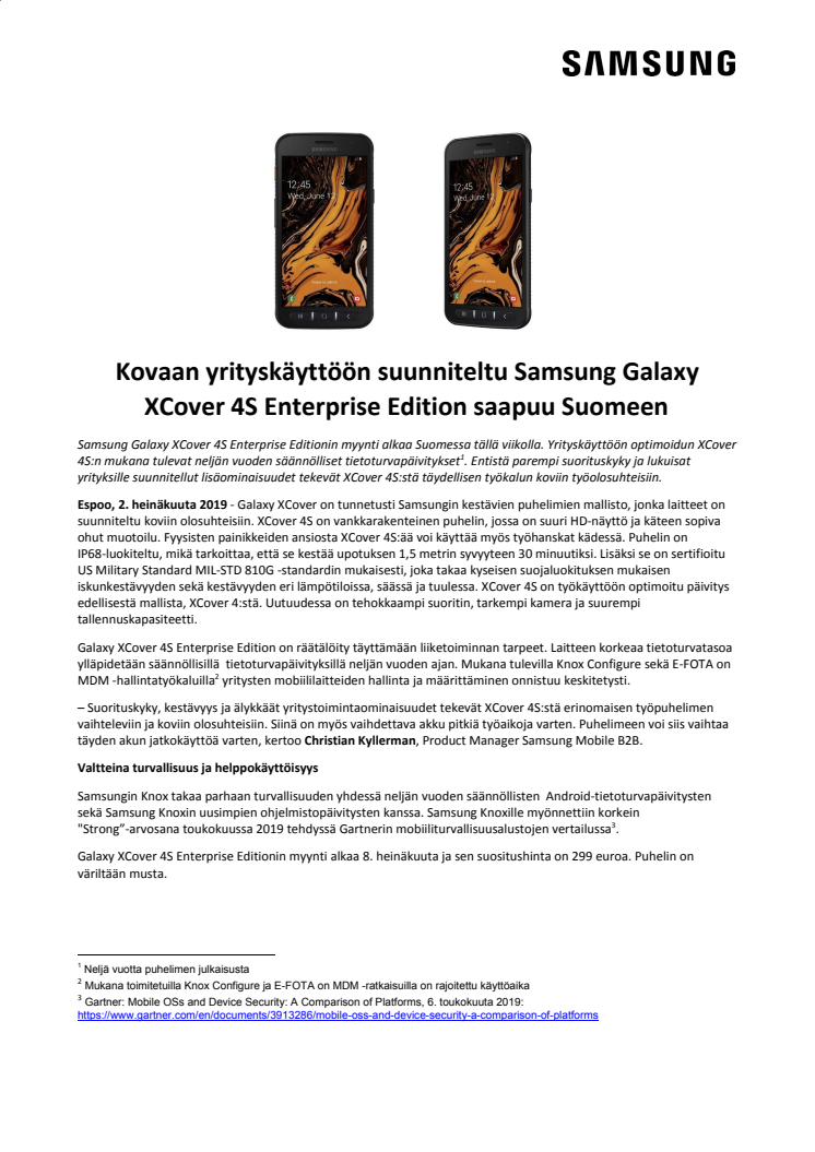 Kovaan yrityskäyttöön suunniteltu Samsung Galaxy XCover 4S Enterprise Edition saapuu Suomeen