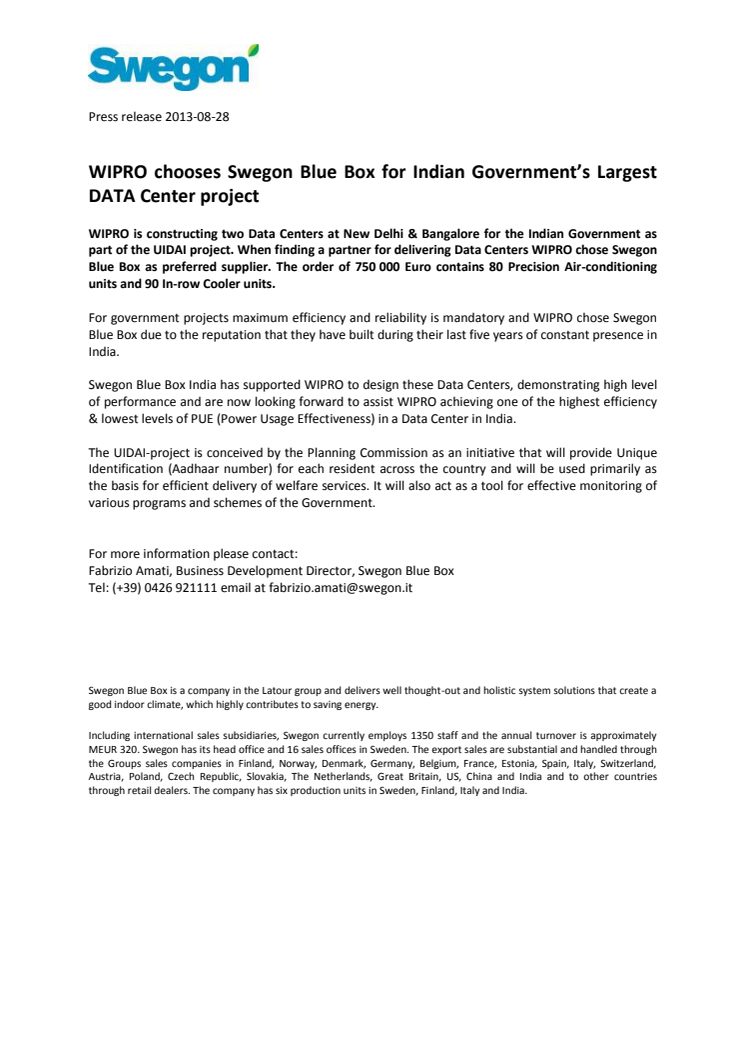 WIPRO chooses Swegon Blue Box for Indian Government’s Largest DATA Center project