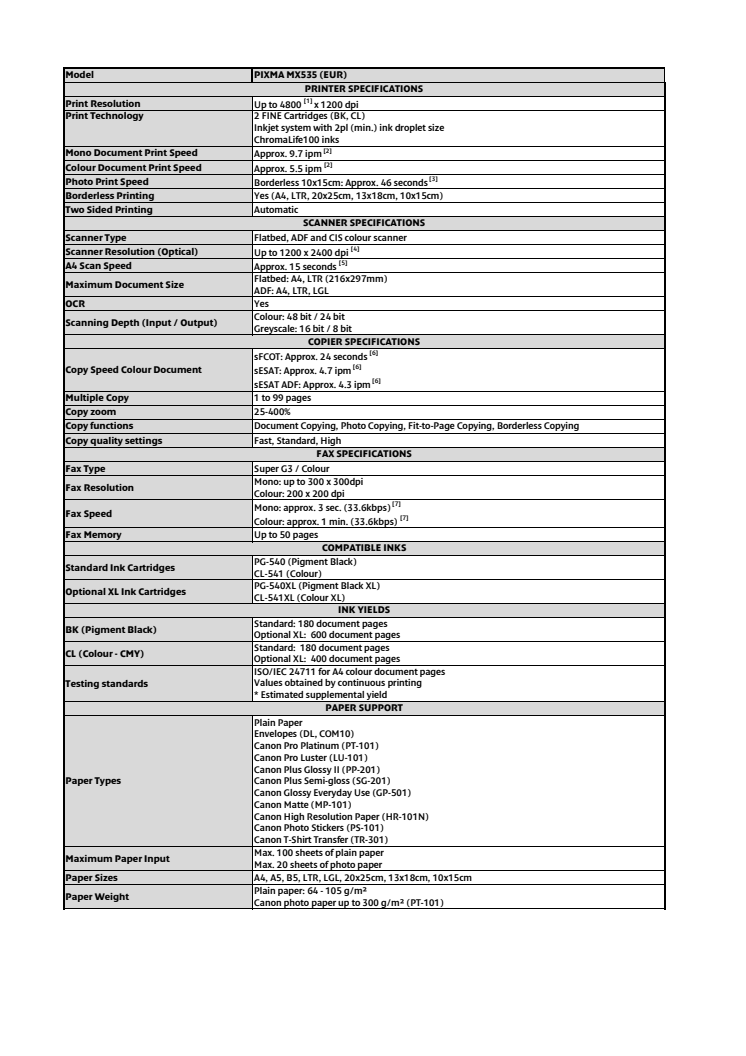 Canon tekniska specifikationer PIXMA MX535