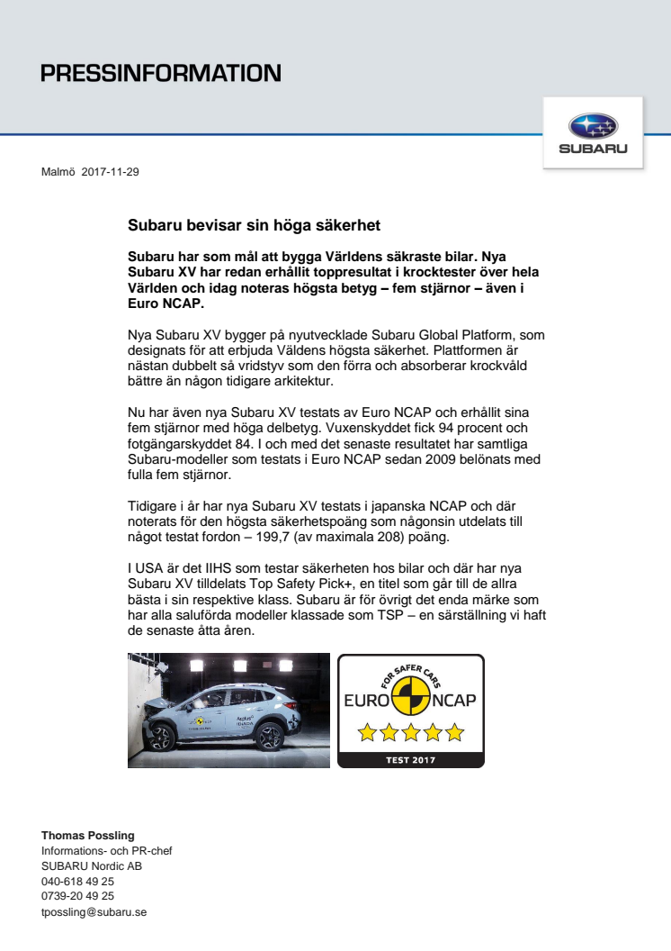 Subaru bevisar sin höga säkerhet