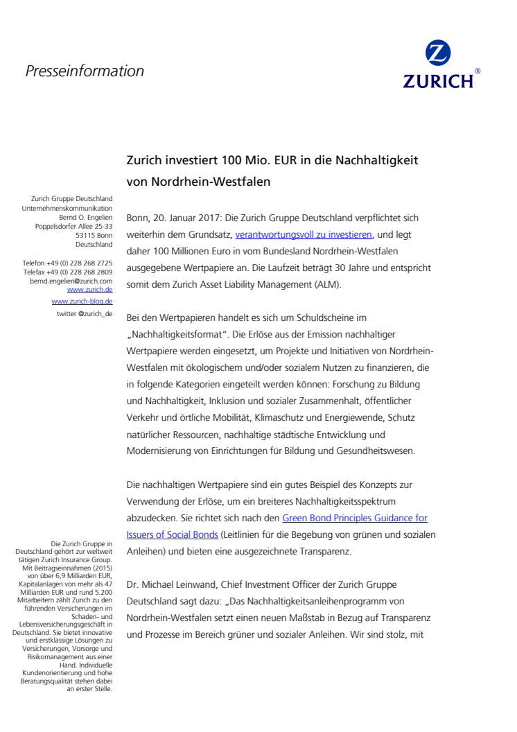 Zurich investiert 100 Mio. EUR in die Nachhaltigkeit von Nordrhein-Westfalen
