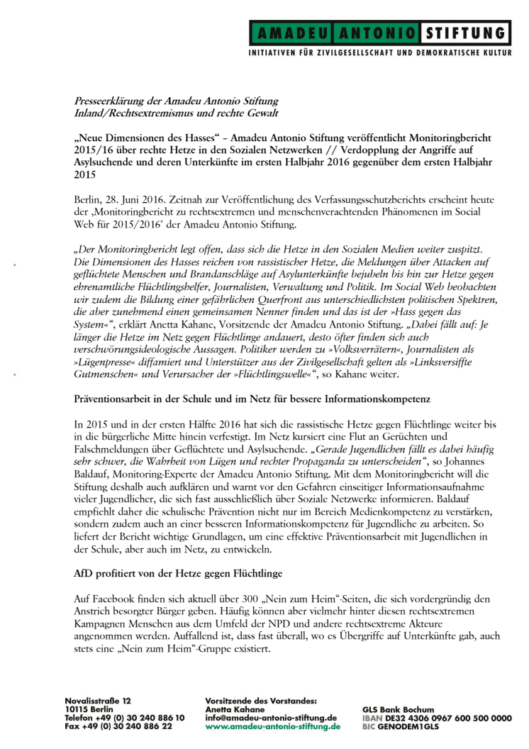 „Neue Dimensionen des Hasses“ – Amadeu Antonio Stiftung veröffentlicht Monitoringbericht 2015/16 über rechte Hetze in den Sozialen Netzwerken