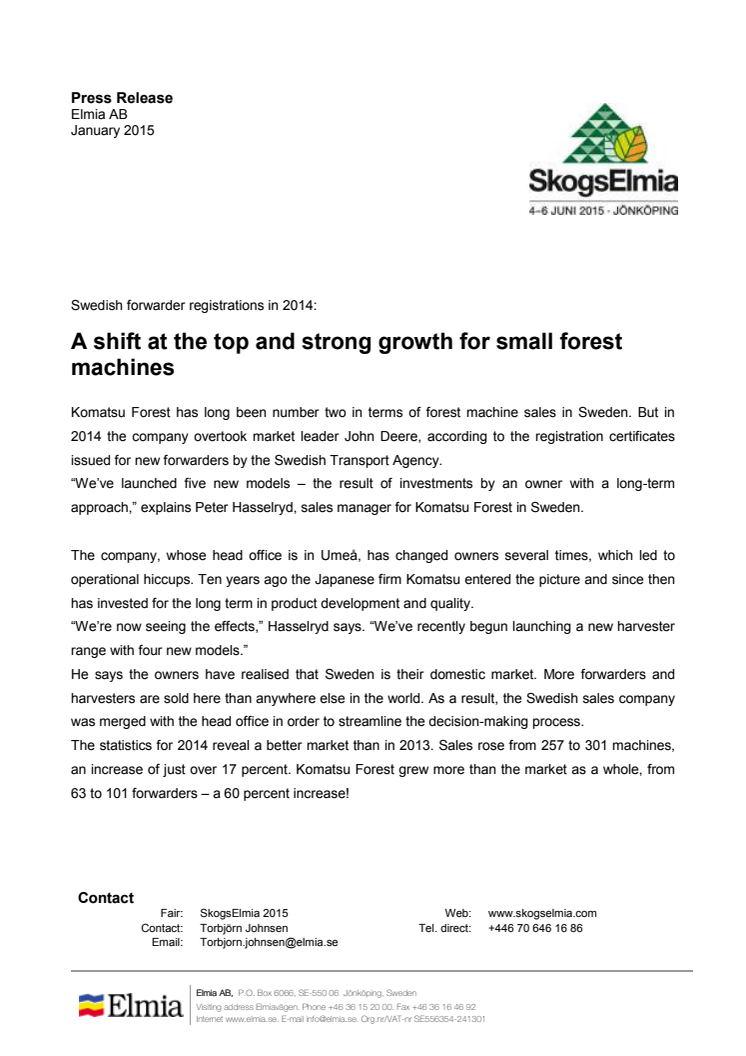 Swedish forwarder registrations in 2014: A shift at the top and strong growth for small forest machines