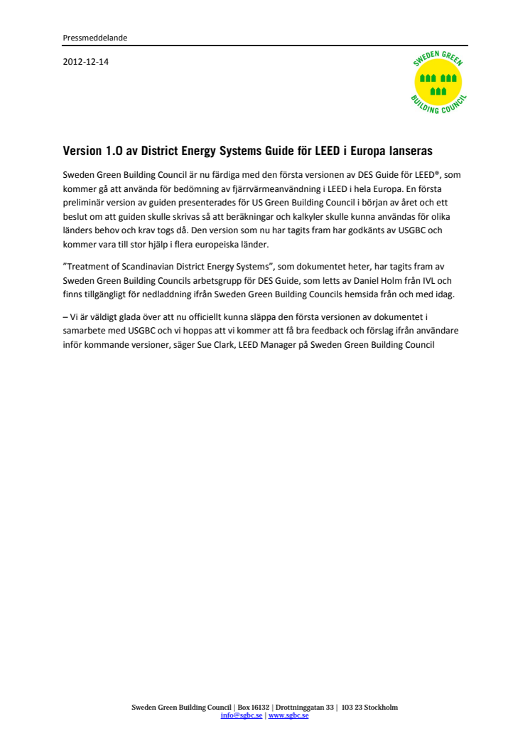 Version 1.0 av District Energy Systems Guide för LEED i Europa lanseras