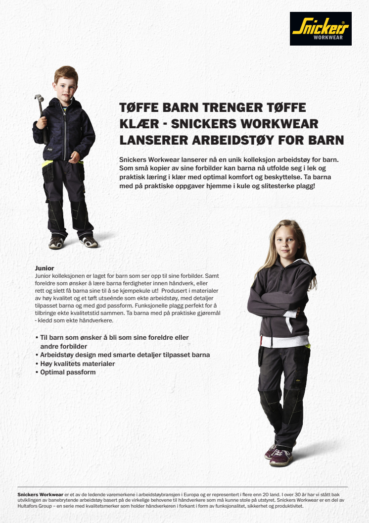 Snickers Workwear lanserer arbeidstøy for barn