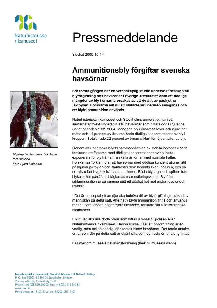 Ammunitionsbly förgiftar svenska havsörnar