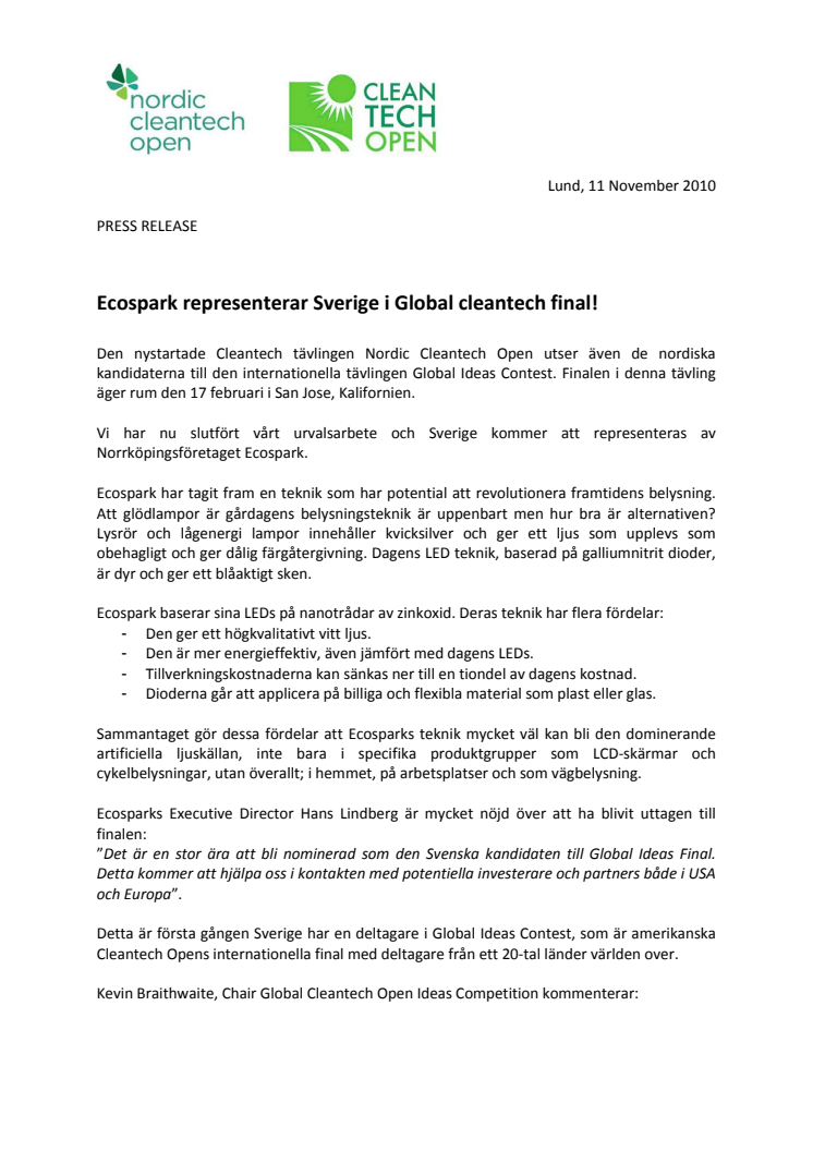 Ecospark representerar Sverige i Global cleantech final!