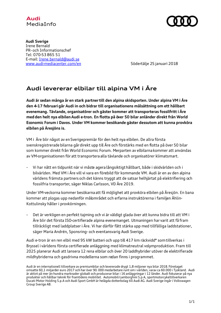 Audi kör eldrivet under alpina VM i Åre