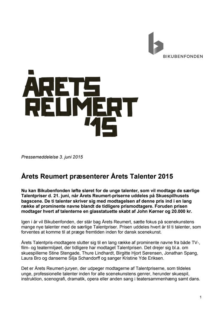 Årets Reumert præsenterer Årets Talenter 2015