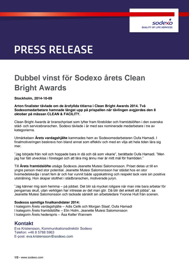 Dubbel vinst för Sodexo i årets Clean Bright Awards