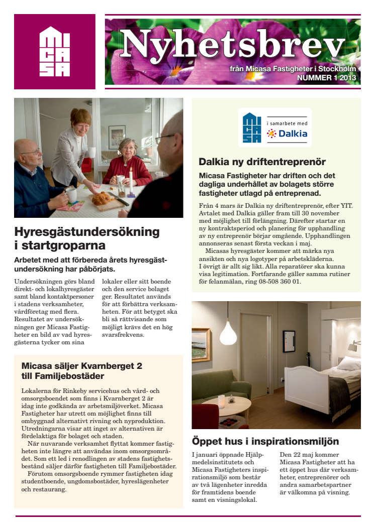 Micasa Fastigheters Nyhetersbrev nr 1 2013