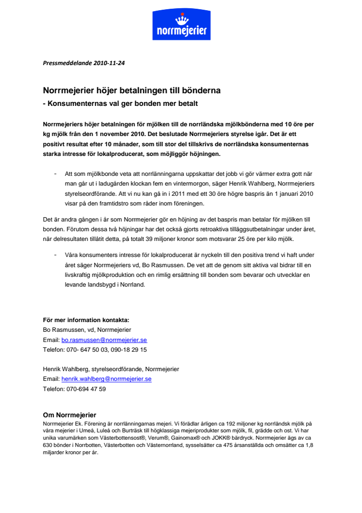 Norrmejerier höjer betalningen till bönderna - Konsumenternas val ger bonden mer betalt