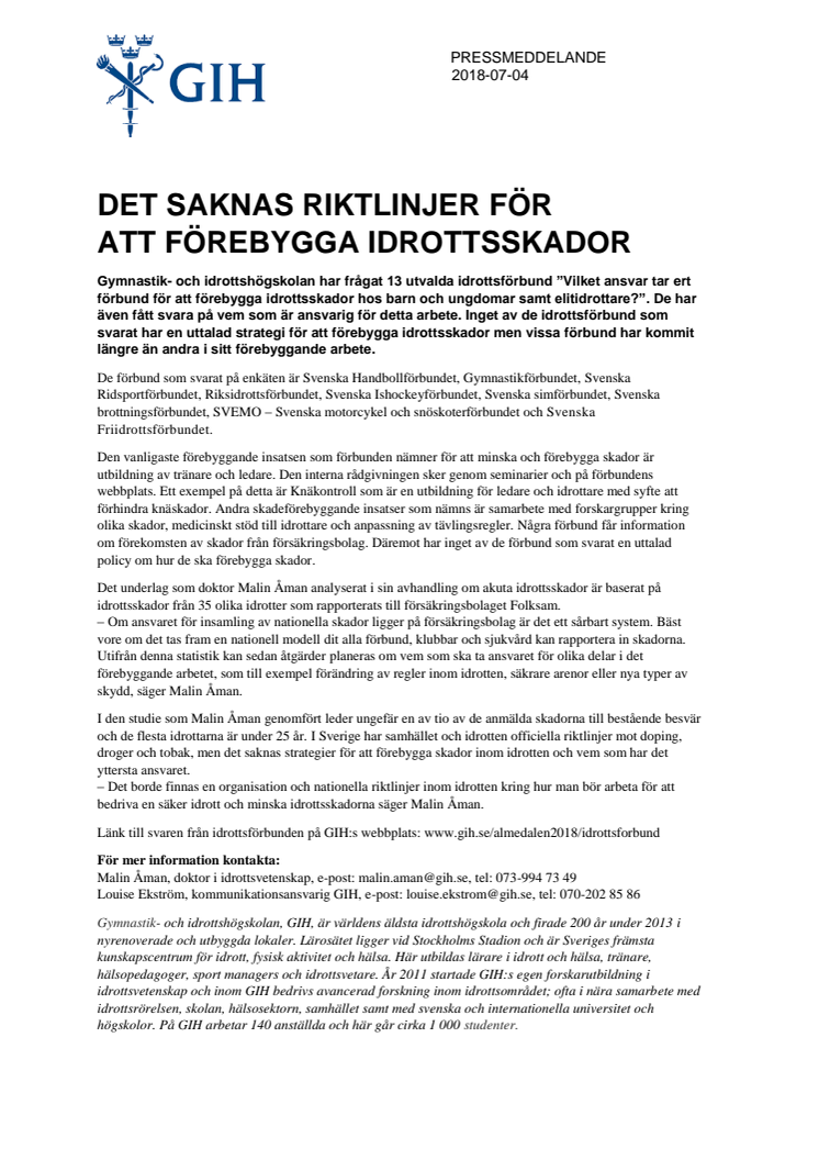 Det saknas riktlinjer för att förebygga idrottsskador