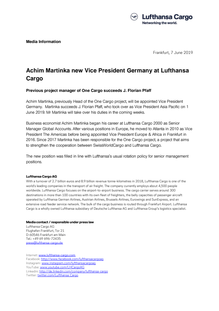 Achim Martinka new Vice President Germany at Lufthansa Cargo