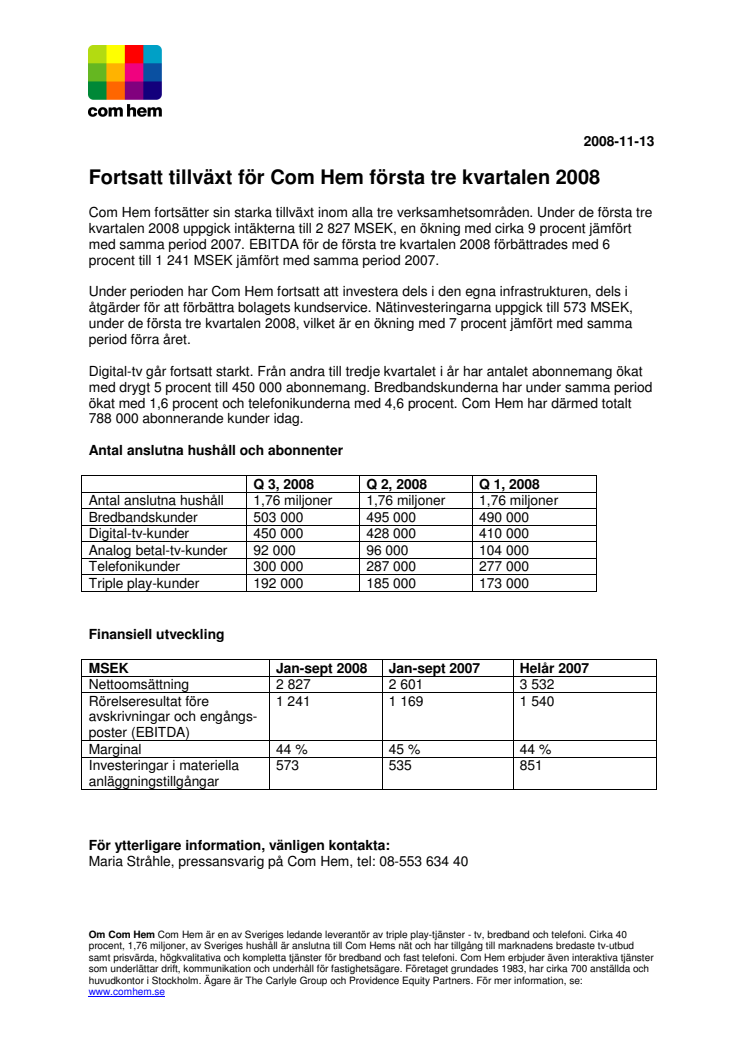 Rapport för tredje kvartalet 2008