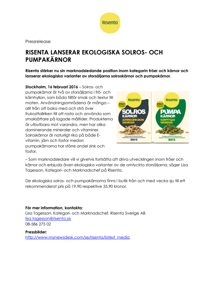 RISENTA LANSERAR EKOLOGISKA SOLROS- OCH PUMPAKÄRNOR