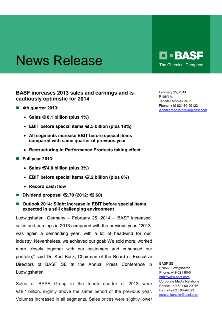 BASF øger salg og indtjening for 2013 og er forsigtigt optimistisk for 2014