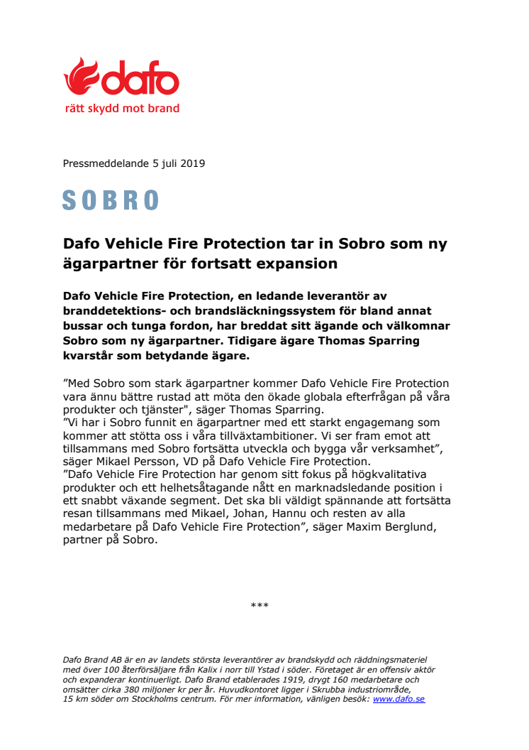 Dafo Vehicle Fire Protection tar in Sobro som ny ägarpartner för fortsatt expansion