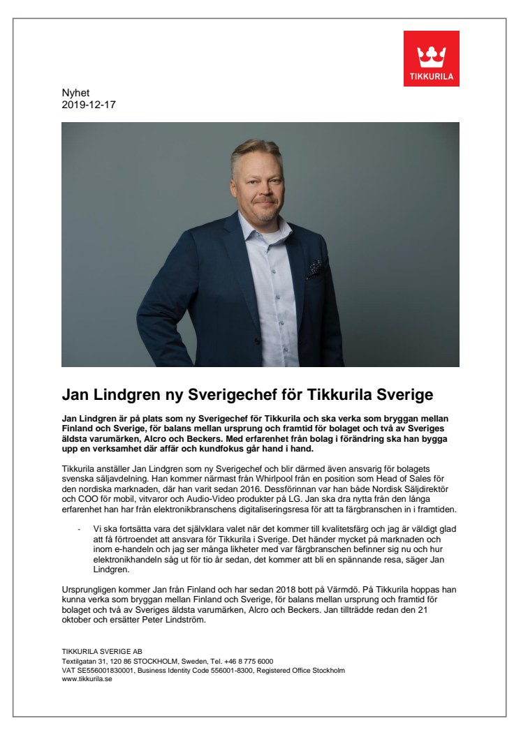 Jan Lindgren ny Sverigechef för Tikkurila Sverige