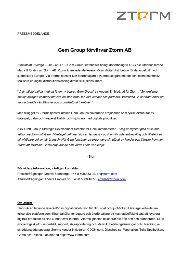 Gem Group förvärvar Ztorm AB 