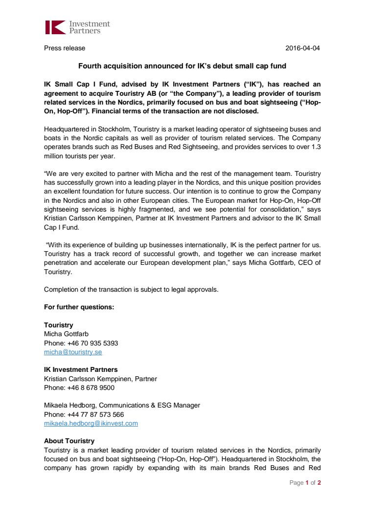 IK Investment Partners nya fond investerar i Touristry