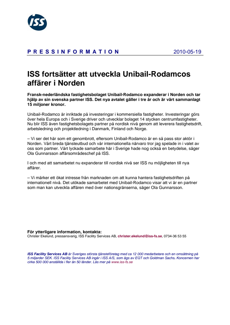 ISS fortsätter att utveckla Unibail-Rodamcos affärer i Norden