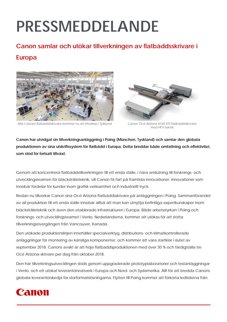 Canon samlar och utökar tillverkningen av flatbäddsskrivare i Europa  