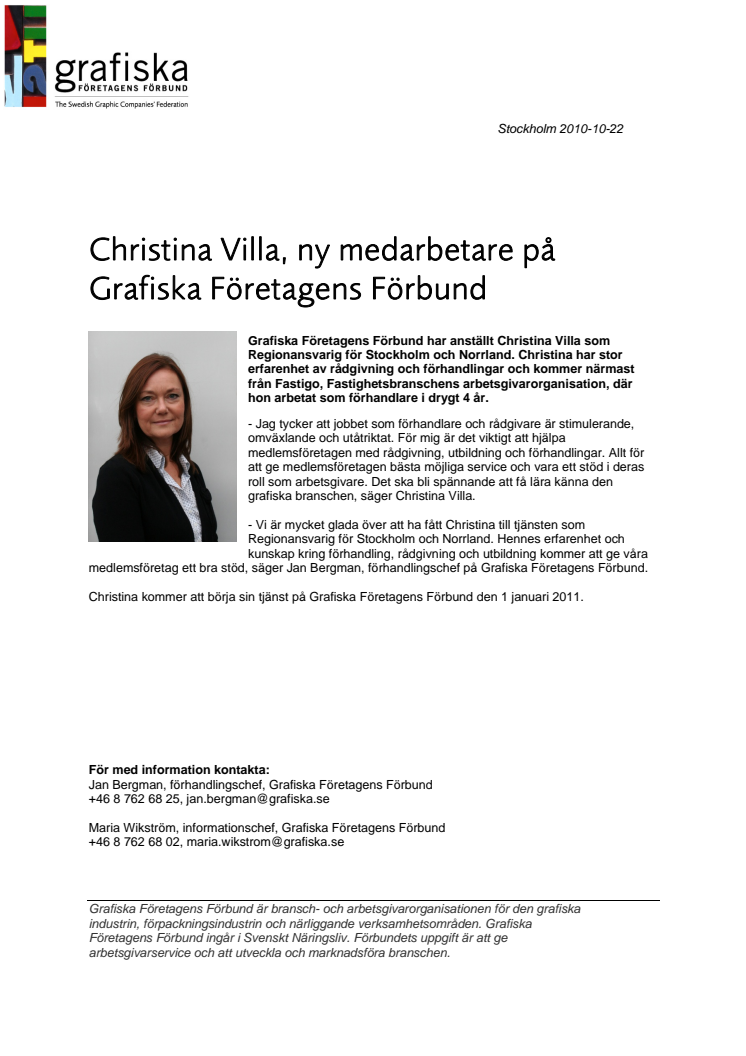 Christina Villa, ny medarbetare på Grafiska Företagens Förbund